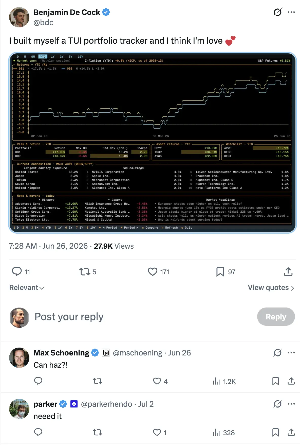 Tweet by Benjamin De Cock showing the TUI portfolio tracker that inspired Market Terminal